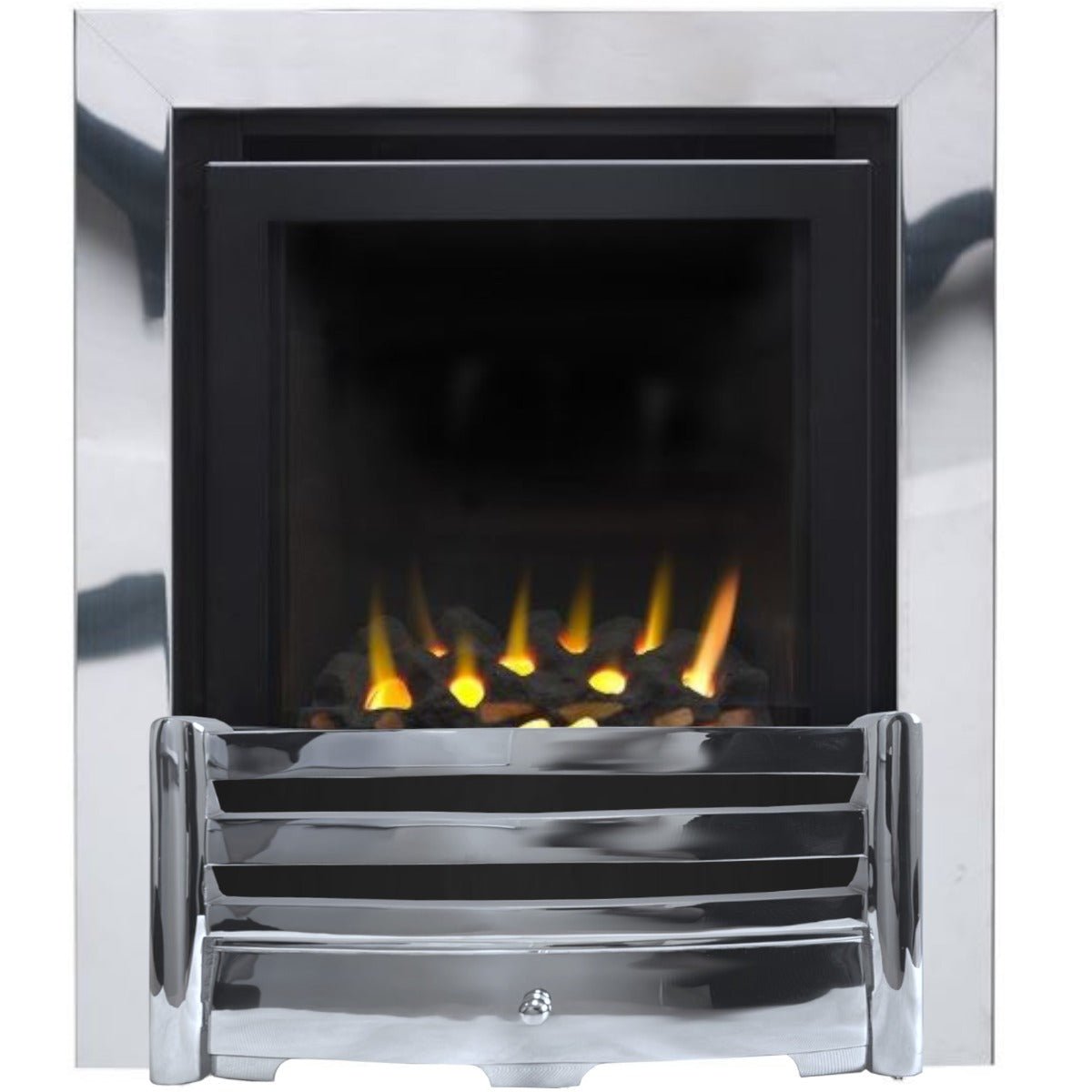 The Aviva Slimline HE Gas Fire with Chrome Trim and Chrome Fret
